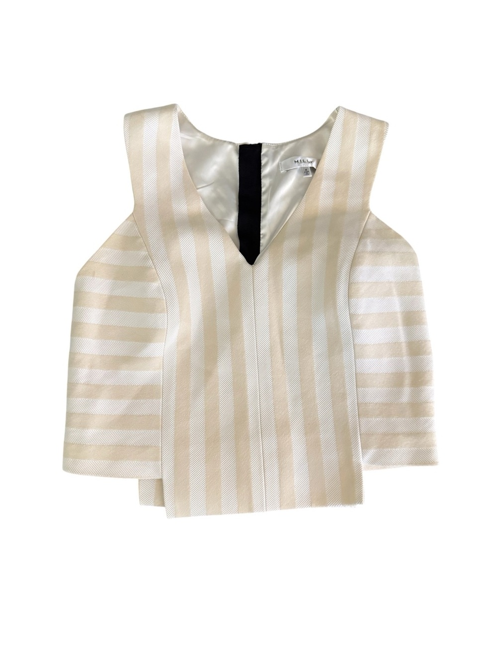 MILLY Striped Cotton Blend Knit Top Ivory Beige V-Neck Size 4 Zipper